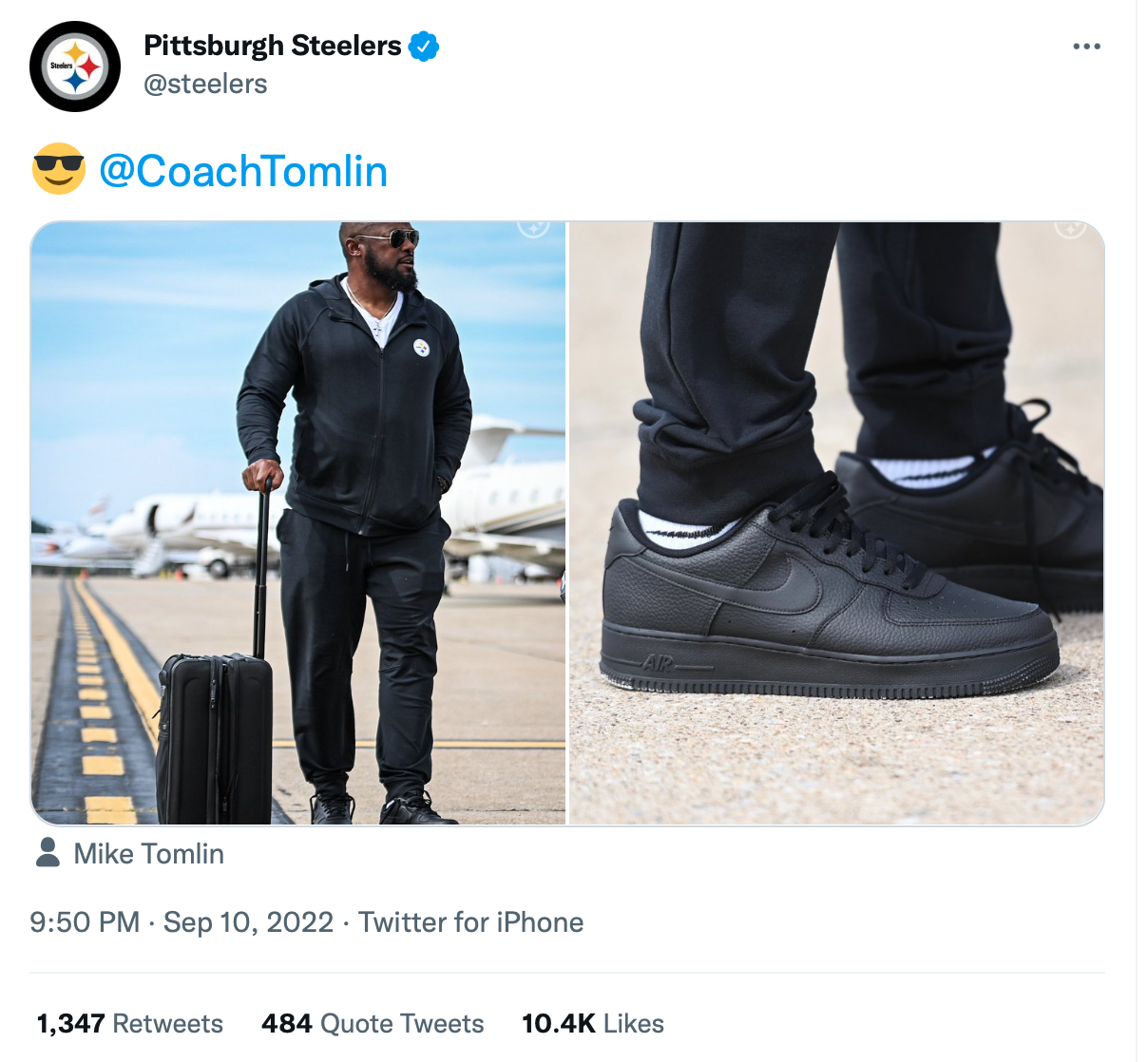Tweet: Pittsburgh Steelers on Coach Tomlin's black Air Force energy