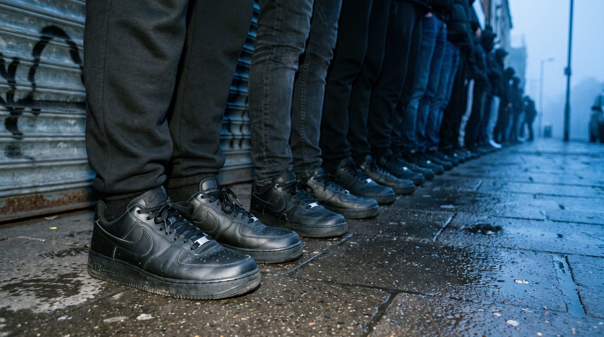 A queue of people outside a store at dawn, everyone in black Air Force 1s