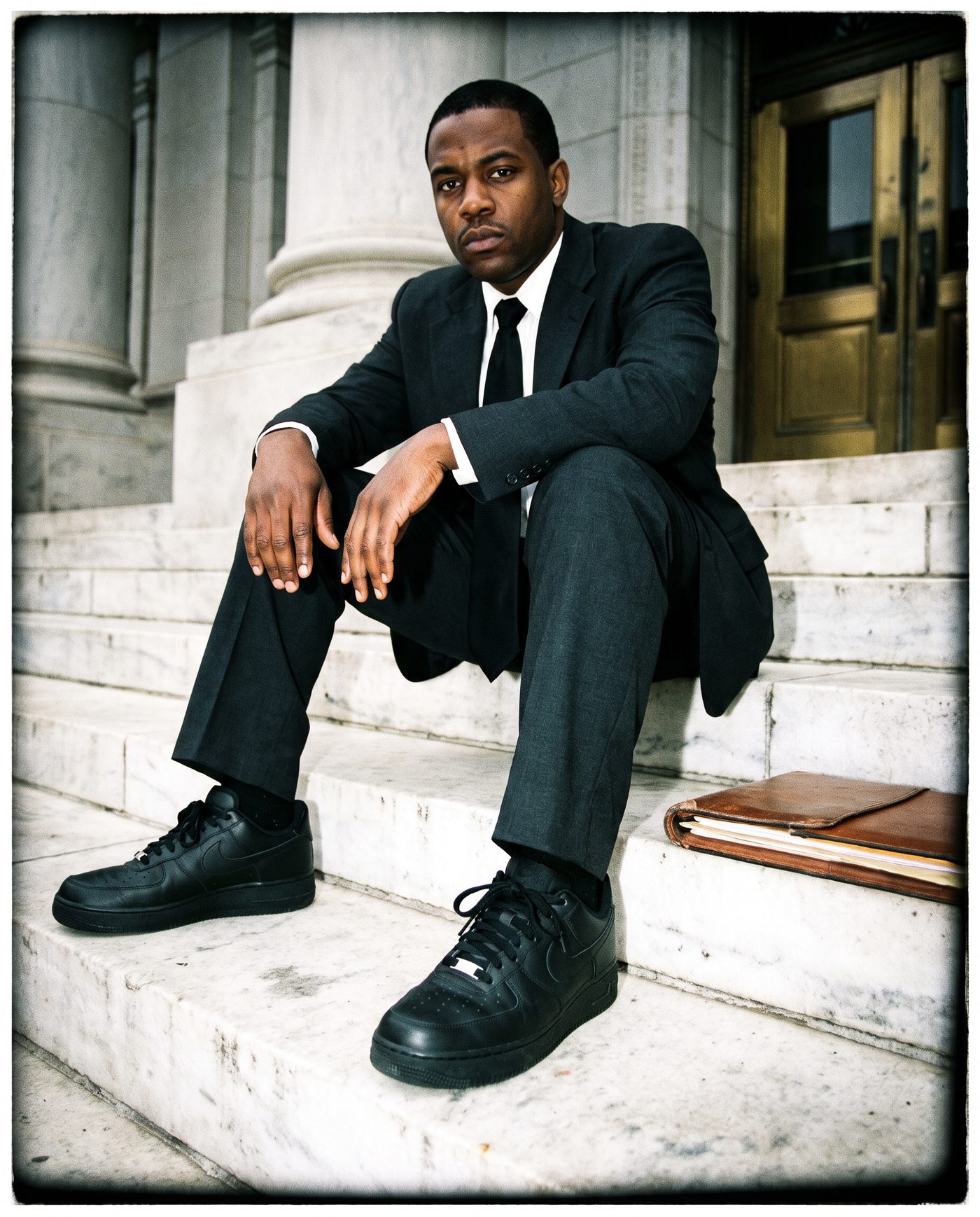 Man in a suit on courthouse steps wearing black Air Force 1s