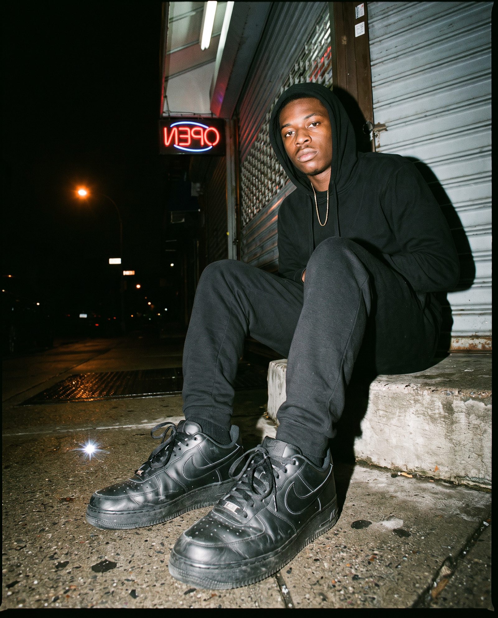 Man in a black hoodie on a bodega step in black Air Force 1s
