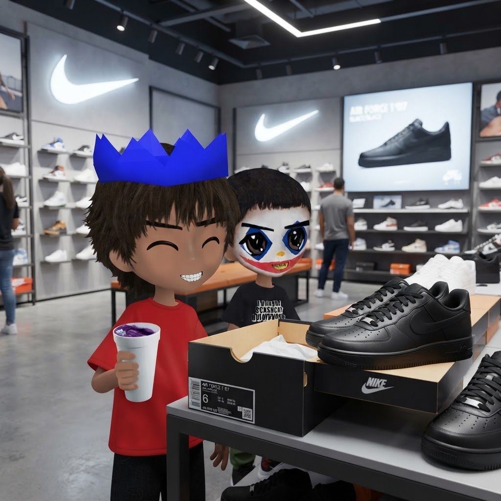 Two cartoon kids at a sneaker store admiring black Air Force 1s